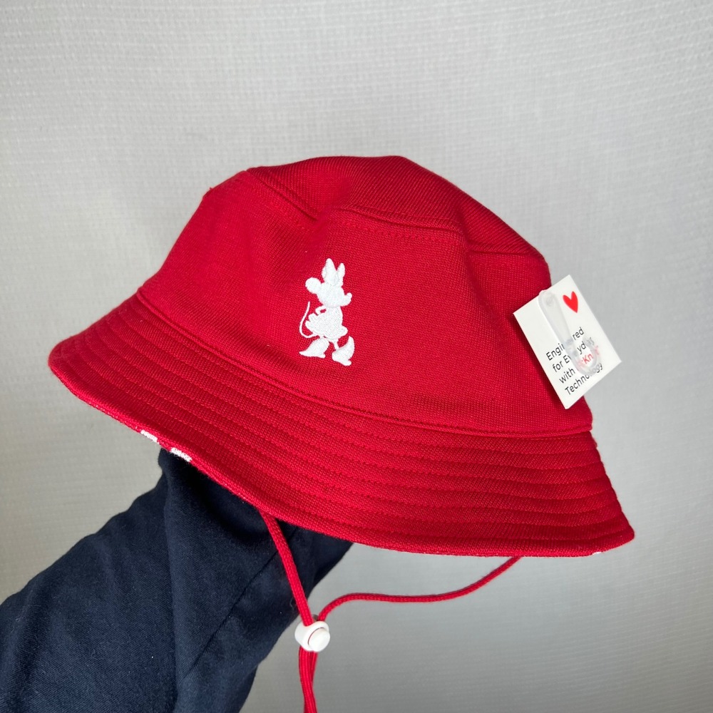 Disney Minnie Mouse Bucket Hat Red‎ White Daisy Adjustable Drawstring FitKnit